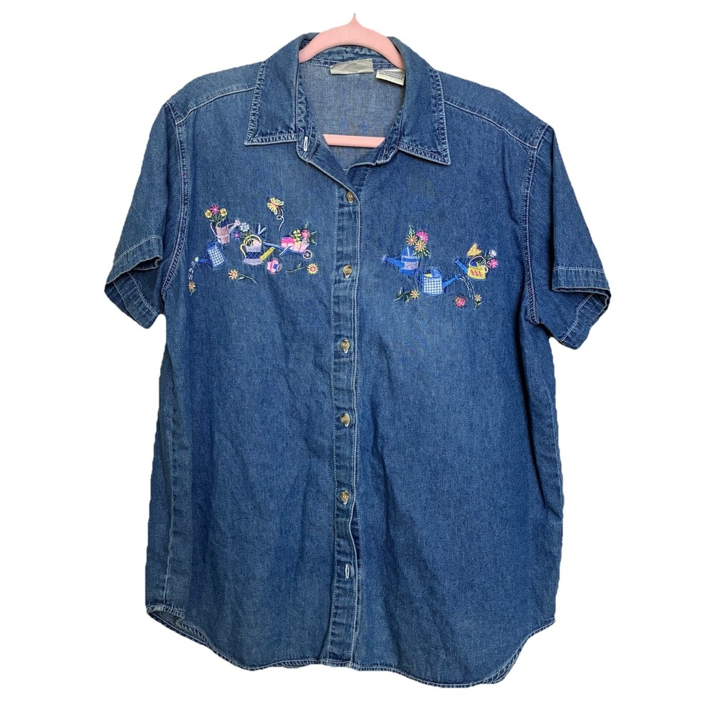 Vintage 90s Womens Large Denim Button Up Shirt‎ Gardening Flowers Spring Summer